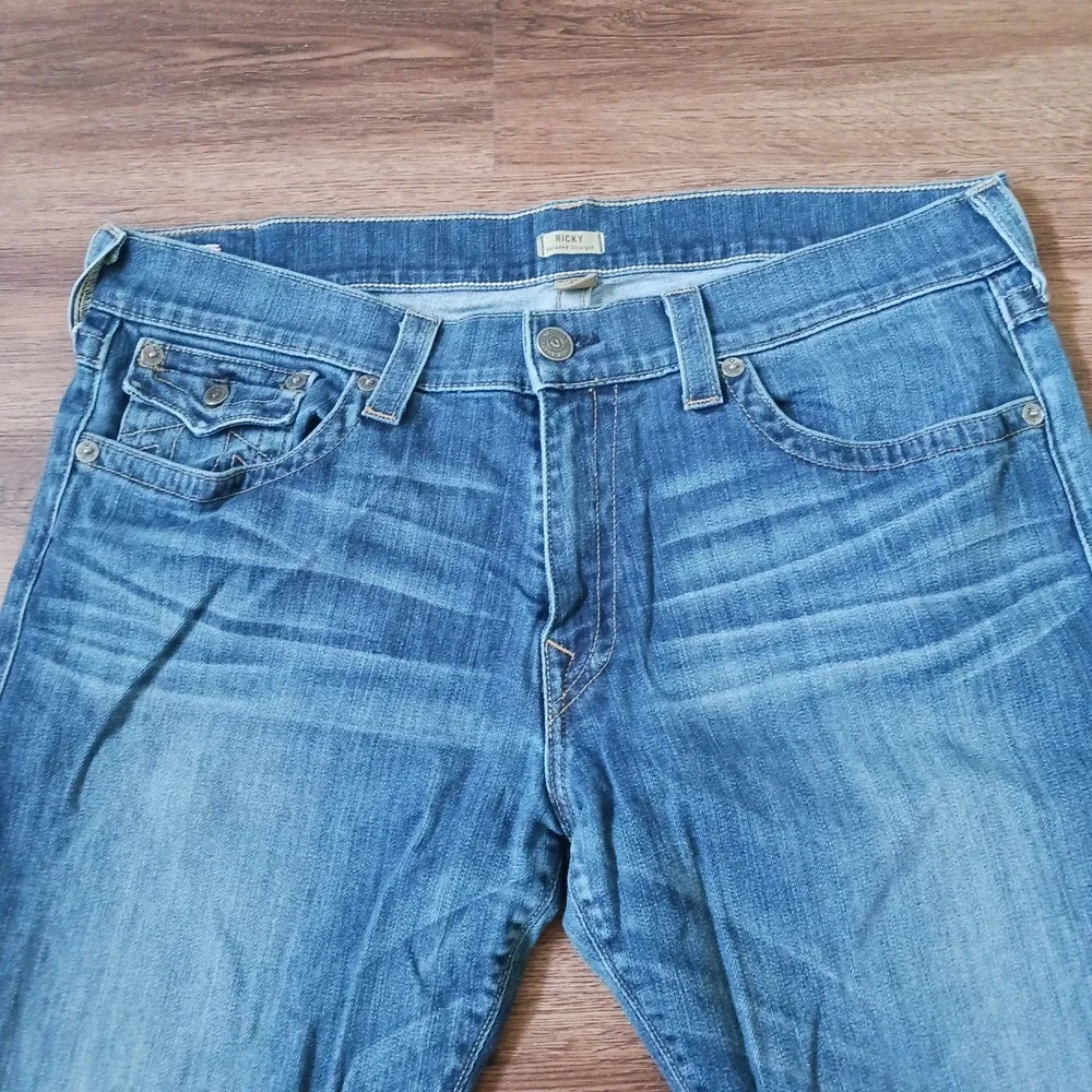 True Religion Ricky Relaxed Straight Blue Jeans 40 x 32 USA Horseshoe Pockets